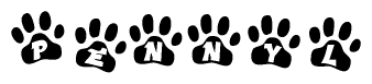 The image shows a row of animal paw prints, each containing a letter. The letters spell out the word Pennyl within the paw prints.