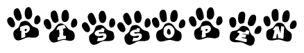The image shows a row of animal paw prints, each containing a letter. The letters spell out the word Pissopen within the paw prints.