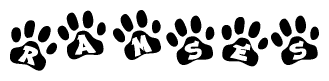 The image shows a series of animal paw prints arranged in a horizontal line. Each paw print contains a letter, and together they spell out the word Ramses.