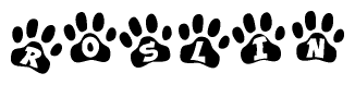 The image shows a series of animal paw prints arranged horizontally. Within each paw print, there's a letter; together they spell Roslin