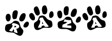 The image shows a series of animal paw prints arranged in a horizontal line. Each paw print contains a letter, and together they spell out the word Raza.