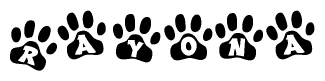 The image shows a row of animal paw prints, each containing a letter. The letters spell out the word Rayona within the paw prints.