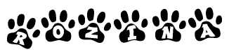 The image shows a row of animal paw prints, each containing a letter. The letters spell out the word Rozina within the paw prints.