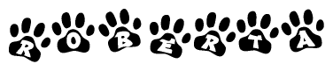 The image shows a series of animal paw prints arranged in a horizontal line. Each paw print contains a letter, and together they spell out the word Roberta.