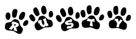 The image shows a series of animal paw prints arranged horizontally. Within each paw print, there's a letter; together they spell Rusty
