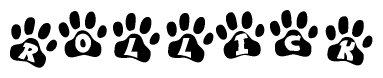 The image shows a series of animal paw prints arranged horizontally. Within each paw print, there's a letter; together they spell Rollick