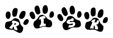 The image shows a series of animal paw prints arranged horizontally. Within each paw print, there's a letter; together they spell Risk