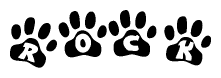 The image shows a series of animal paw prints arranged in a horizontal line. Each paw print contains a letter, and together they spell out the word Rock.