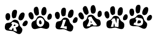 The image shows a series of animal paw prints arranged in a horizontal line. Each paw print contains a letter, and together they spell out the word Roland.
