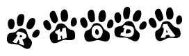 The image shows a series of animal paw prints arranged in a horizontal line. Each paw print contains a letter, and together they spell out the word Rhoda.