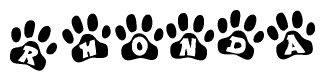 The image shows a series of animal paw prints arranged in a horizontal line. Each paw print contains a letter, and together they spell out the word Rhonda.