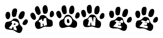 The image shows a series of animal paw prints arranged horizontally. Within each paw print, there's a letter; together they spell Rhonee