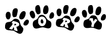 The image shows a row of animal paw prints, each containing a letter. The letters spell out the word Rory within the paw prints.