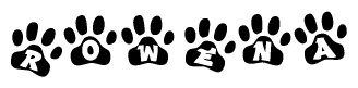 The image shows a row of animal paw prints, each containing a letter. The letters spell out the word Rowena within the paw prints.
