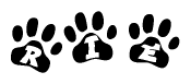 The image shows a series of animal paw prints arranged horizontally. Within each paw print, there's a letter; together they spell Rie