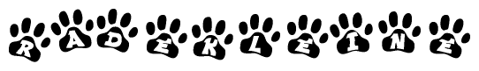 The image shows a row of animal paw prints, each containing a letter. The letters spell out the word Radekleine within the paw prints.