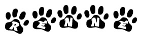 The image shows a series of animal paw prints arranged in a horizontal line. Each paw print contains a letter, and together they spell out the word Renne.