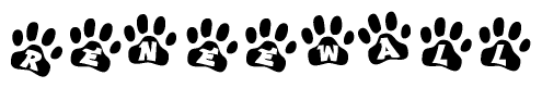 The image shows a series of animal paw prints arranged horizontally. Within each paw print, there's a letter; together they spell Reneewall