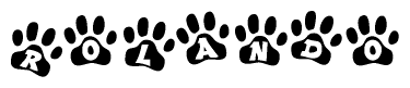 The image shows a row of animal paw prints, each containing a letter. The letters spell out the word Rolando within the paw prints.