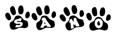 The image shows a series of animal paw prints arranged in a horizontal line. Each paw print contains a letter, and together they spell out the word Samo.