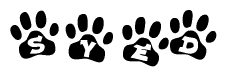 The image shows a series of animal paw prints arranged in a horizontal line. Each paw print contains a letter, and together they spell out the word Syed.
