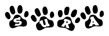 The image shows a series of animal paw prints arranged horizontally. Within each paw print, there's a letter; together they spell Sura