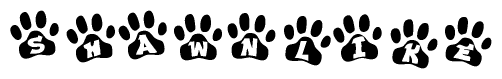 The image shows a series of animal paw prints arranged in a horizontal line. Each paw print contains a letter, and together they spell out the word Shawnlike.