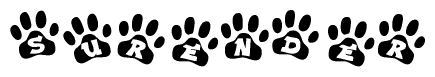 The image shows a series of animal paw prints arranged in a horizontal line. Each paw print contains a letter, and together they spell out the word Surender.