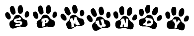 The image shows a series of animal paw prints arranged in a horizontal line. Each paw print contains a letter, and together they spell out the word Spmundy.