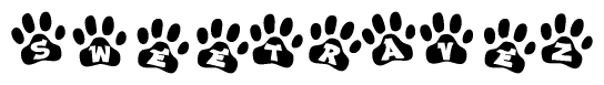 The image shows a series of animal paw prints arranged in a horizontal line. Each paw print contains a letter, and together they spell out the word Sweetravez.