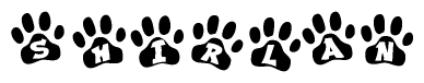 The image shows a series of animal paw prints arranged horizontally. Within each paw print, there's a letter; together they spell Shirlan
