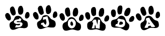The image shows a series of animal paw prints arranged in a horizontal line. Each paw print contains a letter, and together they spell out the word Sjonda.