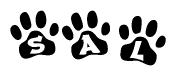 The image shows a row of animal paw prints, each containing a letter. The letters spell out the word Sal within the paw prints.