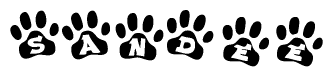 The image shows a series of animal paw prints arranged in a horizontal line. Each paw print contains a letter, and together they spell out the word Sandee.