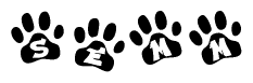 The image shows a series of animal paw prints arranged in a horizontal line. Each paw print contains a letter, and together they spell out the word Semm.