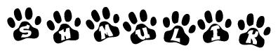 The image shows a series of animal paw prints arranged in a horizontal line. Each paw print contains a letter, and together they spell out the word Shmulik.