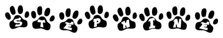 The image shows a series of animal paw prints arranged in a horizontal line. Each paw print contains a letter, and together they spell out the word Stephine.