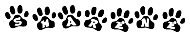 The image shows a row of animal paw prints, each containing a letter. The letters spell out the word Sharene within the paw prints.