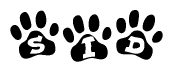 The image shows a row of animal paw prints, each containing a letter. The letters spell out the word Sid within the paw prints.