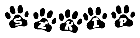 The image shows a row of animal paw prints, each containing a letter. The letters spell out the word Sekip within the paw prints.