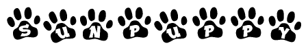 The image shows a series of animal paw prints arranged in a horizontal line. Each paw print contains a letter, and together they spell out the word Sunpuppy.