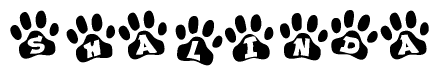 The image shows a series of animal paw prints arranged horizontally. Within each paw print, there's a letter; together they spell Shalinda