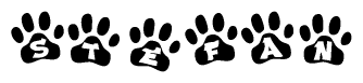 The image shows a series of animal paw prints arranged horizontally. Within each paw print, there's a letter; together they spell Stefan