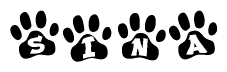 The image shows a series of animal paw prints arranged in a horizontal line. Each paw print contains a letter, and together they spell out the word Sina.