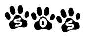 The image shows a series of animal paw prints arranged in a horizontal line. Each paw print contains a letter, and together they spell out the word Sos.