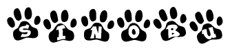 The image shows a series of animal paw prints arranged in a horizontal line. Each paw print contains a letter, and together they spell out the word Sinobu.