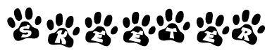The image shows a series of animal paw prints arranged horizontally. Within each paw print, there's a letter; together they spell Skeeter