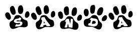 The image shows a series of animal paw prints arranged in a horizontal line. Each paw print contains a letter, and together they spell out the word Sanda.