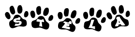The image shows a series of animal paw prints arranged in a horizontal line. Each paw print contains a letter, and together they spell out the word Stela.