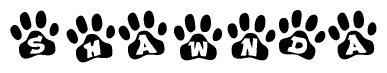 The image shows a series of animal paw prints arranged horizontally. Within each paw print, there's a letter; together they spell Shawnda